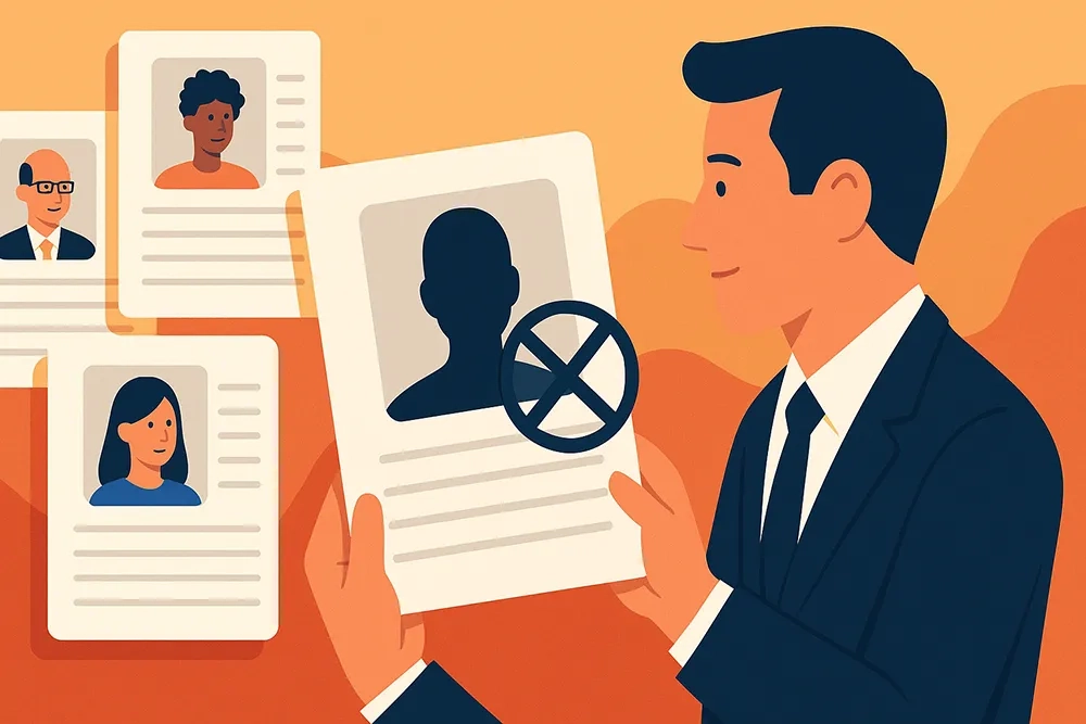 Illustration im Vektorstil: Ein Recruiter betrachtet einen anonymisierten Lebenslauf mit einem ausgeblendeten Foto, neben weiteren Bewerbungen mit sichtbaren Fotos und persönlichen Informationen – Symbol für Blind Recruiting und diskriminierungsfreie Personalauswahl.