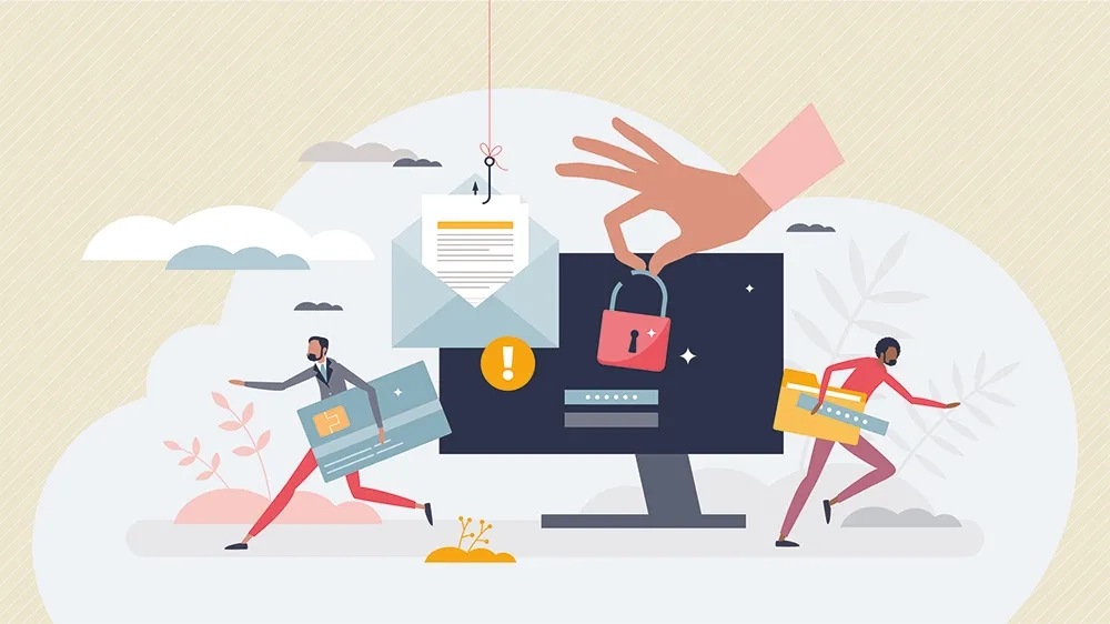 Das Bild ist eine Vektorgrafik mit diversen Cartoonfiguren und einem Finger, der listig ein Schloss öffnet, um an Ihre Daten zu gelangen.