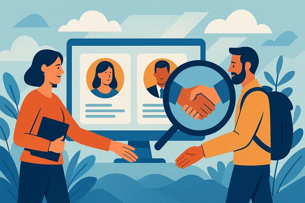 Illustration im Vektorstil: Eine Frau und ein Mann mit Rucksack reichen sich die Hand vor einem grossen Bildschirm mit zwei Bewerbungsprofilen. Eine Lupe zeigt symbolisch einen Handschlag zwischen ihnen, im Hintergrund stilisierte Pflanzen und Wolken.