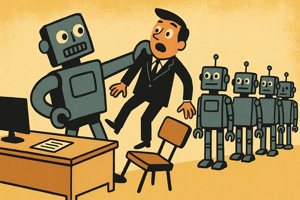 Ein großer, cartoonhafter Roboter hebt einen überraschten Recruiter aus seinem Stuhl hinter einem Schreibtisch, während hinter ihm vier identische Roboter in einer Reihe stehen und darauf warten, seinen Job zu übernehmen. Die Illustration ist im flachen, mid-century-modernen Stil gehalten, mit kräftigen Umrisslinien und einer warmen, gedeckten Farbpalette.