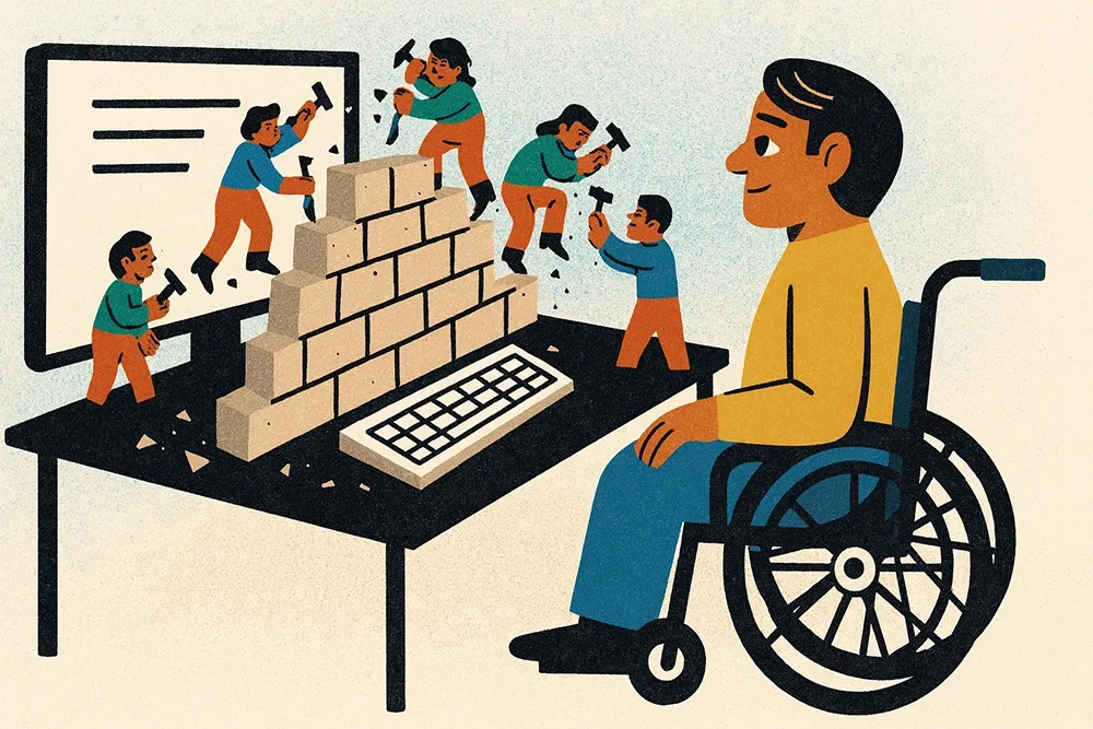 Illustration im Cartoon-Stil: Eine Person im Rollstuhl sitzt an einem Schreibtisch vor einem Computer. Zwischen Tastatur und Bildschirm steht eine symbolische Steinmauer, die fünf kleine Arbeiter mit Werkzeugen abbauen.