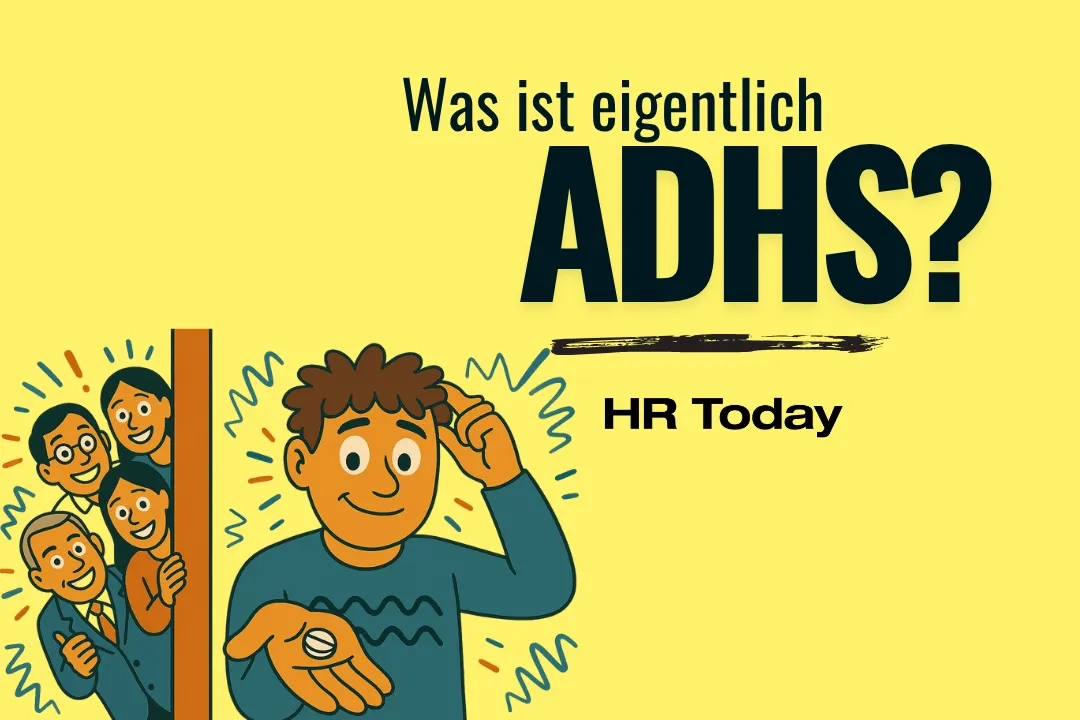 Titelbild der Serie mit Logo und Anschrift "Was ist eigentlich ADHS?" begleitet von einer Comic-Illustration einer Person, die eine Ritalin-Tablette in Händen hält, hinter ihr Menschen, die sich darauf freuen, dass die Person endlich Medikation erhält.