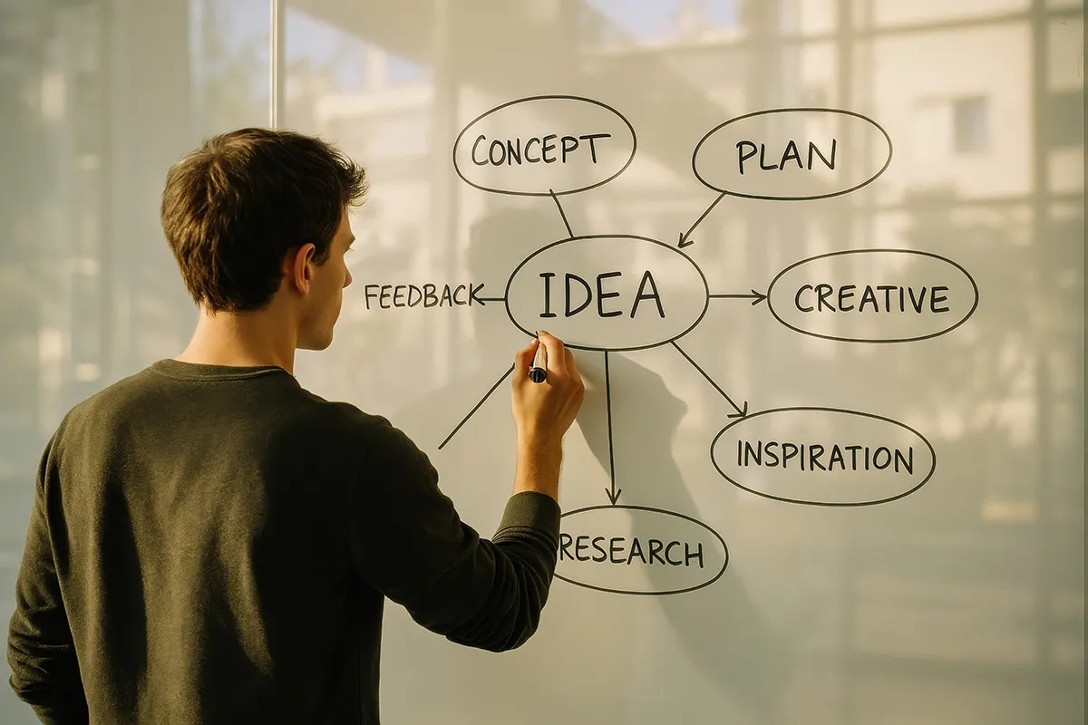 Bild zeigt einen Mann vor einem Whiteboard beim Ideen-Brainstormen.