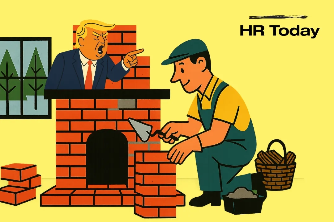 Das Bild zeigt einen Kaminbauer, der von Trump auf dem Kaminsims angeschrien wird. 