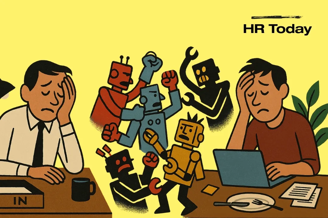 Illustration vor gelbem Hintergrund: Links sitzt ein Recruiter mit der Hand an der Stirn an einem Schreibtisch mit Eingangskorb und Tasse. Rechts hält sich eine arbeitssuchende Person am Laptop den Kopf; vor ihr liegen Teller, Besteck und Papiere. In der Mitte geraten mehrere bunte Roboter aneinander – Sinnbild für KI im Bewerbungsprozess. Oben rechts steht das Logo «HR Today».