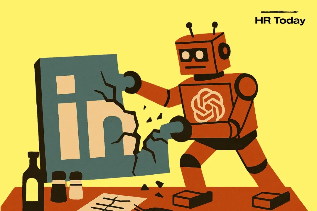 Illustration eines Roboters mit OpenAI-Logo, der das LinkedIn-Logo attackiert.