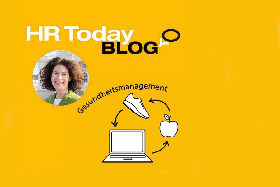 Grafik auf gelbem Hintergrund: «HR Today BLOG»-Schriftzug, rundes Porträt einer lächelnden Frau. Darunter Piktogramme von Turnschuh, Apfel und Laptop im Kreislauf, beschriftet «Gesundheitsmanagement».
