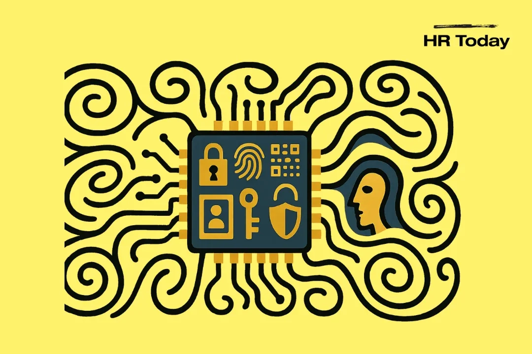 Künstlerische Illustration eines Computerchips mit Symbolen, die Security und Identität suggerieren.