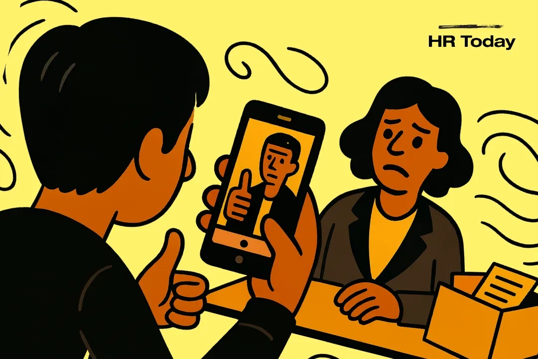 Illustration einer Person, die den Daumen hoch in die Selfiekamera hält, während ihm gekündigt wird.