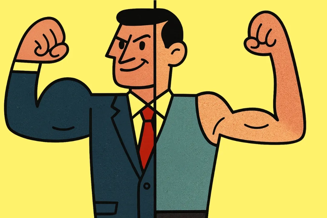 Illustration eines muskulösen Mannes, dessen Körper vertikal in zwei Hälften geteilt ist: Die linke Seite zeigt ihn im Anzug mit Hemd und Krawatte, die rechte Seite im Muskelshirt. Beide Arme sind angewinkelt und zeigen seine Bizeps. Der Hintergrund ist gelb, der Stil ist comicartig.
