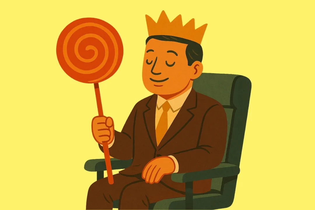 Illustration eines Mannes im Anzug, der auf einem Stuhl sitzt, eine Papierkrone trägt und ein grosses Lollipop mit Spiralmuster in der Hand hält; der Hintergrund ist einfarbig orange gehalten.