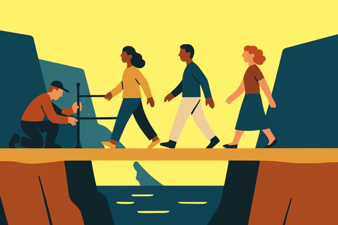 Illustration, die zeigt, wie ein Team über eine Brücke läuft und jemand ein Geländer für das Team konstruiert.