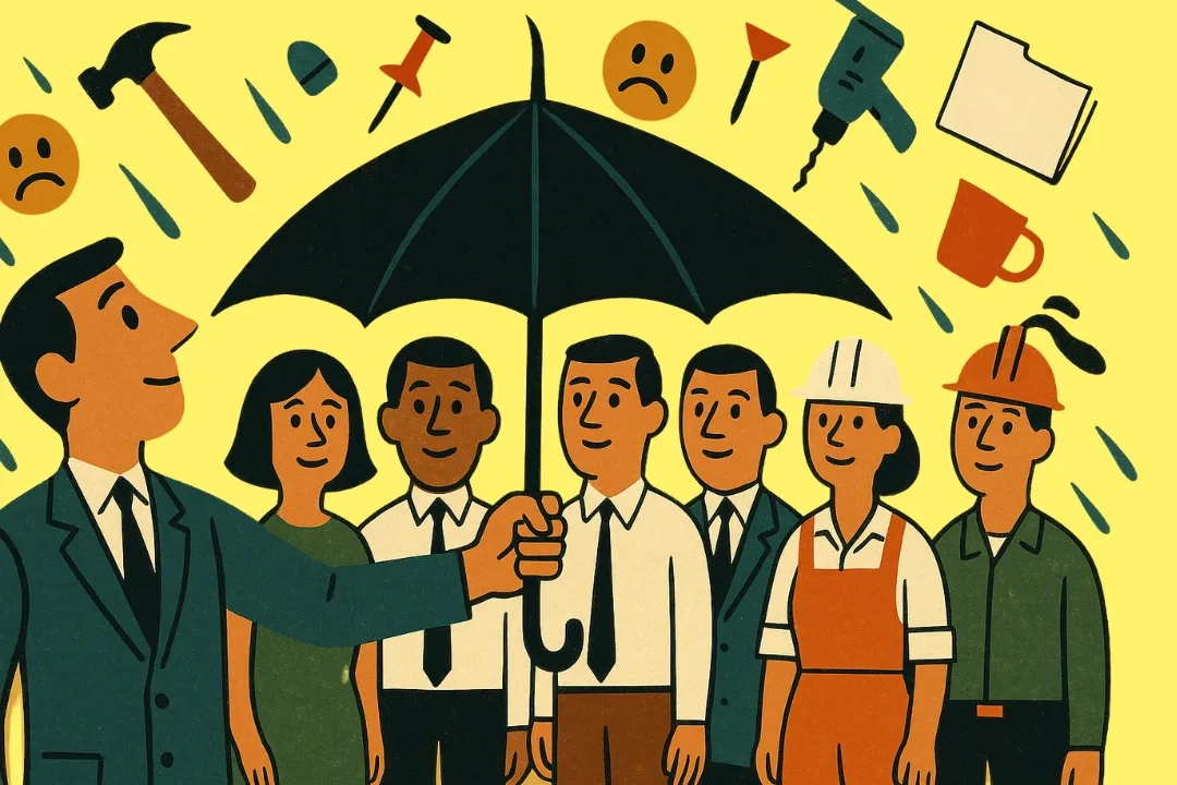 Illustration einer Gruppe von sieben Personen, darunter Büroangestellte und Bauarbeiter, die unter einem grossen schwarzen Regenschirm stehen, der von einer Person im Anzug gehalten wird. Der Schirm schützt sie vor herabfallenden Symbolen wie Werkzeugen, Tassen, Dokumenten und traurigen Gesichtern, die als Bedrohungen oder Probleme dargestellt sind. Der Hintergrund ist gelb und vermittelt eine symbolische Darstellung von Schutz und Unterstützung am Arbeitsplatz.