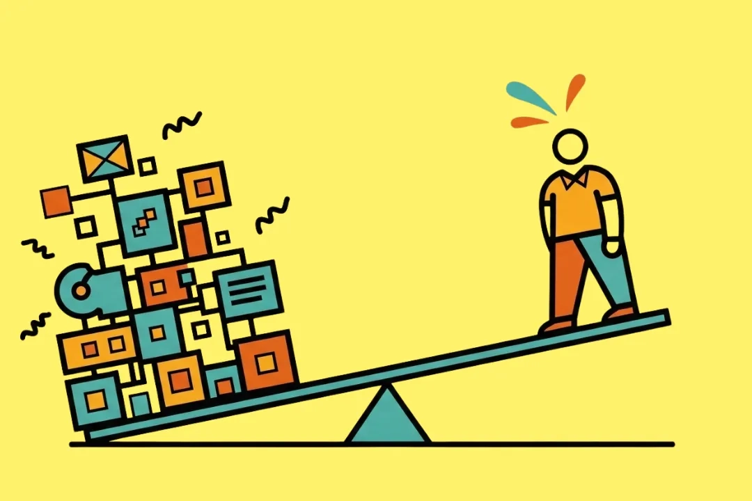 Illustration einer Person auf einer Wippe, die durch eine grosse, chaotische Ansammlung von digitalen Symbolen und Icons auf der gegenüberliegenden Seite aus dem Gleichgewicht gebracht wird. Die Person wirkt überrascht oder überfordert, dargestellt durch bunte Ausrufe über dem Kopf. Die Symbole repräsentieren E-Mails, Nachrichten, Diagramme und Daten.