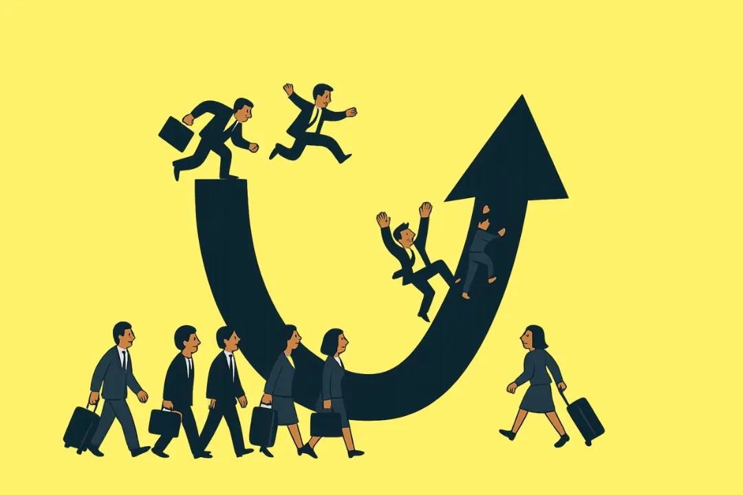 Illustration mit stilisierten Geschäftspersonen, die einen gebogenen Pfeil in U-Form entlanggehen und -springen, der nach oben zeigt. Einige Personen bewegen sich am unteren Rand des U weiter, während andere den Anstieg nutzen und hochspringen. Der Hintergrund ist gelb. Die Darstellung symbolisiert die Theorie U von Otto Scharmer, bei der ein tiefer innerer Wandel durch einen U-förmigen Prozess der Reflexion und Erneuerung angestrebt wird. 