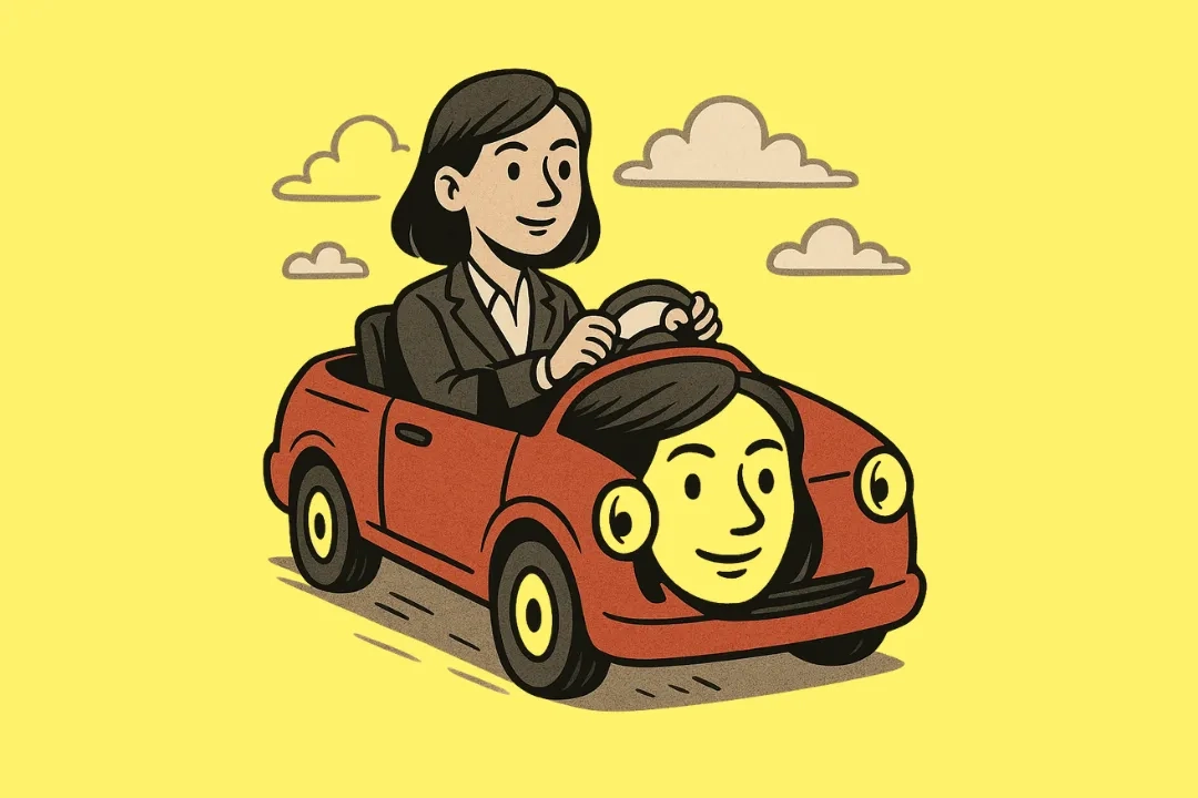 Illustration einer Frau in einem roten Auto, das ein lächelndes Gesicht mit ihren Gesichtszügen auf der Frontseite zeigt; im Hintergrund ein gelber Himmel mit stilisierten Wolken. 