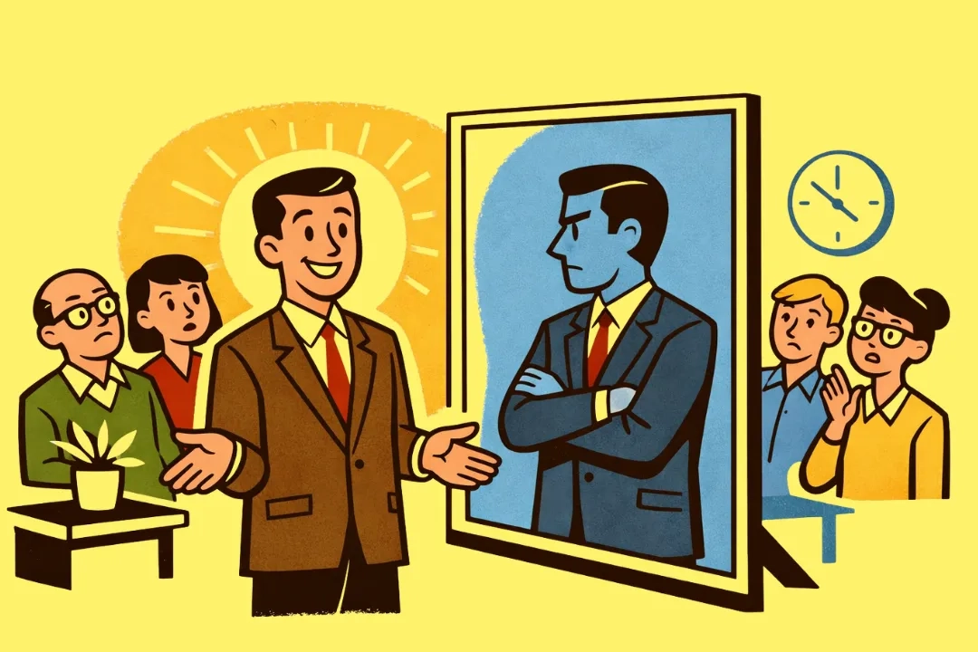 Illustration von zwei Gruppen von Menschen, die jeweils eine Version desselben Mannes betrachten: Links steht ein freundlich wirkender Mann mit offenen Armen und einem leuchtenden Kreis hinter dem Kopf, umgeben von erstaunten Personen. Rechts ist dieselbe Person als streng und blau eingefärbte Version mit verschränkten Armen in einem Spiegel dargestellt, beobachtet von zwei besorgten Personen. 