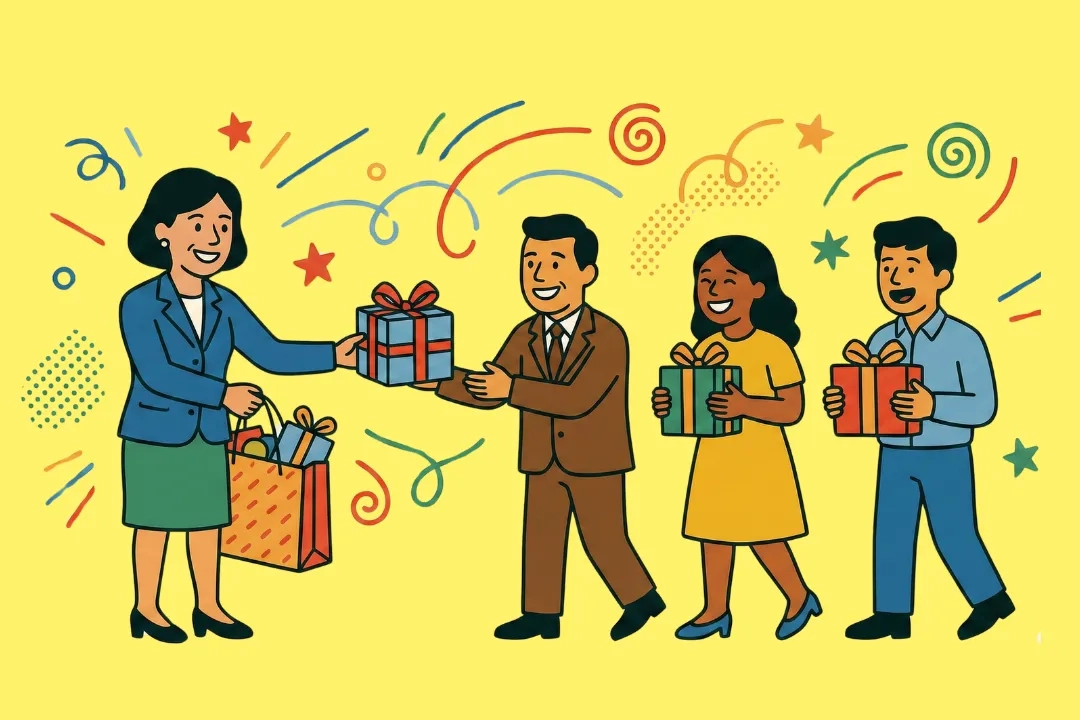 Eine redaktionelle Illustration im Mid-Century-Modern-Stil auf beigem Hintergrund. Eine lächelnde HR-Expertin im blauen Business-Kostüm steht links und überreicht einem Team von drei glücklichen Mitarbeitenden bunt verpackte Geschenke. Die Szene ist mit verspielten, abstrakten Elementen wie Sternen und geschwungenen Linien in Rot, Blau und Gelb dekoriert.
