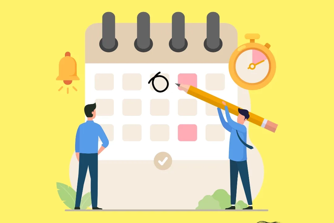 Das Bild zeigt eine Agenda, die von zwei kleinen Cartoon-Figuren beschriftet wird. 