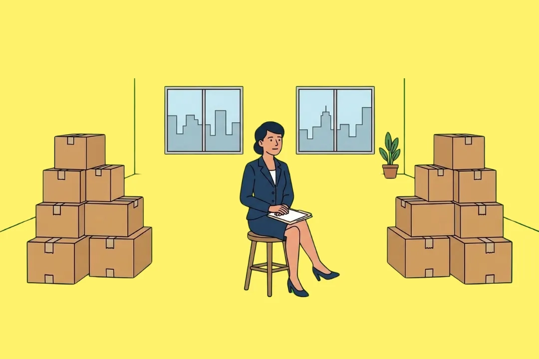 Illustration, die eine weibliche Führungskraft in einem Business-Anzug zeigt, die auf einem Hocker in der Mitte eines leeren Büros sitzt. Die Komposition ist symmetrisch: Links und rechts von der Frau stehen Stapel von Umzugskartons. Im Hintergrund befinden sich zwei Fenster mit einer stilisierten Stadtsilhouette und eine kleine Zimmerpflanze.