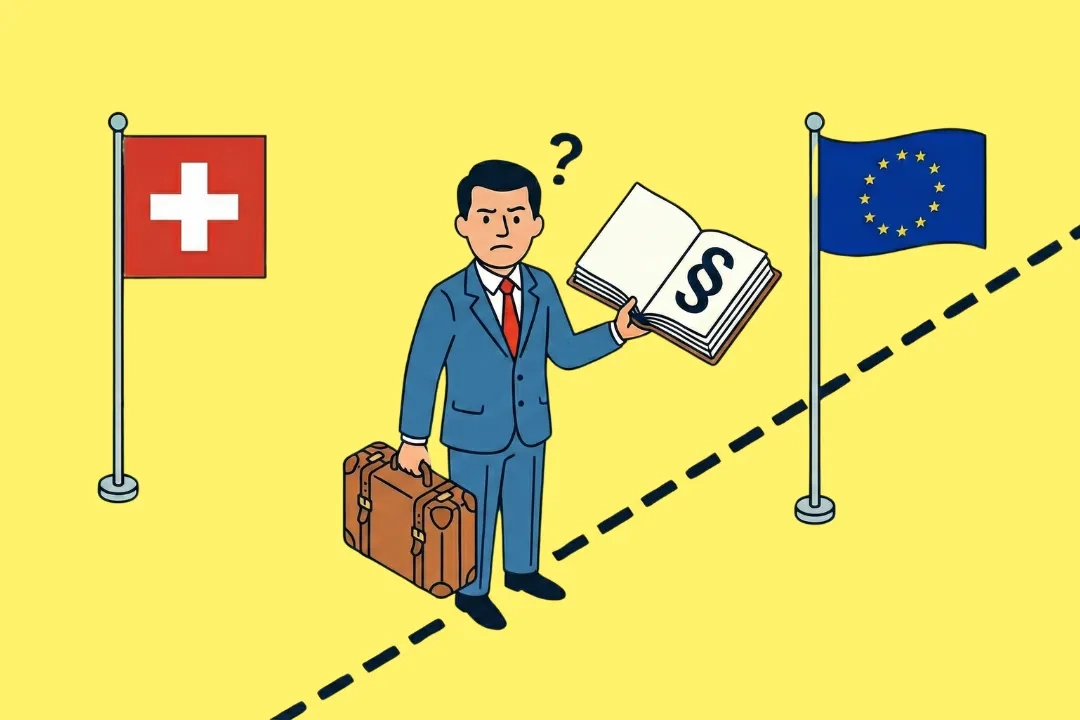 Ein wütend dreinblickender Mann im blauen Anzug und mit roter Krawatte steht auf einer gestrichelten schwarzen Linie. Er hält einen braunen Koffer in einer Hand und ein offenes Buch mit einem großen Paragrafenzeichen (§) in der anderen. Über seinem Kopf schwebt ein schwarzes Fragezeichen. Links von ihm weht die Schweizer Flagge an einem Mast, und rechts weht die Flagge der Europäischen Union an einem weiteren Mast. Der Hintergrund ist schlicht gelb.