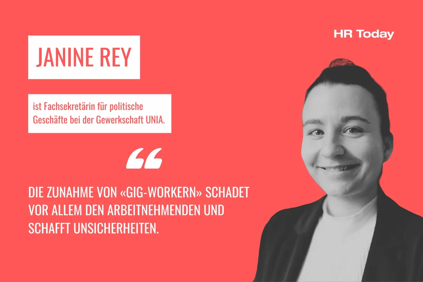 Janine Rey ist Fachsekretärin für politische Geschäfte bei der Gewerkschaft UNIA. Sie sagt: "Die Zunahme von «Gig-Workern» schadet vor allem den Arbeitnehmenden und schafft Unsicherheiten." Das Bild zeigt eine junge Frau mit weissem Rollkragenpullover und Sakko. Sie lächelt freundlich.