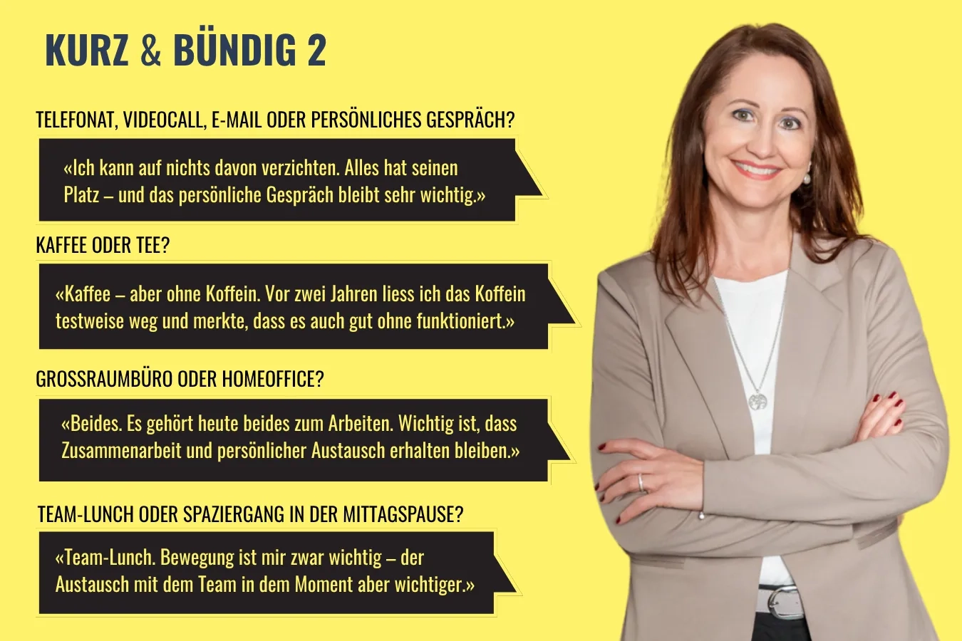  Infografik des Formats «Kurz & Bündig 2» auf gelbem Hintergrund: Porträtfoto derselben Frau in beigem Blazer mit verschränkten Armen; links vier Fragen mit Antworten in schwarzen Sprechblasen. Frage: «Telefonat, Videocall, E-Mail oder persönliches Gespräch?» — Antwort: «Ich kann auf nichts davon verzichten. Alles hat seinen Platz – und das persönliche Gespräch bleibt sehr wichtig.» Frage: «Kaffee oder Tee?» — Antwort: «Kaffee – aber ohne Koffein. Vor zwei Jahren liess ich das Koffein testweise weg und merkte, dass es auch gut ohne funktioniert.» Frage: «Grossraumbüro oder Homeoffice?» — Antwort: «Beides. Es gehört heute beides zum Arbeiten. Wichtig ist, dass Zusammenarbeit und persönlicher Austausch erhalten bleiben.» Frage: «Team-Lunch oder Spaziergang in der Mittagspause?» — Antwort: «Team-Lunch. Bewegung ist mir zwar wichtig – der Austausch mit dem Team in dem Moment aber wichtiger.»