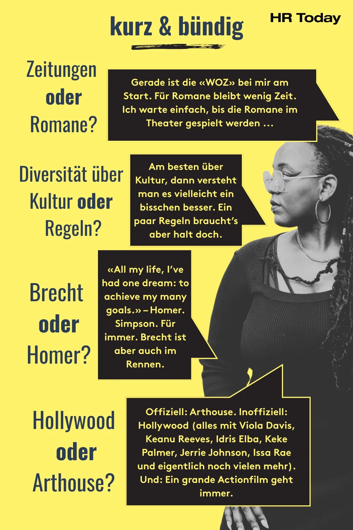 Das Bild zeigt 4 kurze Fragen und dazugehörige Sprechblasen. Ganz rechts im Bild Yuvviki Dioh in schwarz/weiss. Text: Hollywood oder Art House? Offiziell: Art House. Inoffiziell: Hollywood (alles mit Viola Davis, Keanu Reeves, Idris Elba, Keke Palmer, Jerrie Johnson, Issa Rae und eigentlich noch viele mehr). Und: ein grande Actionfilm geht immer. Bertolt Brecht oder Homer? «All my life, I’ve had one dream: to achieve my many goals.» – Homer. Simpson. Für Immer. Brecht ist aber auch im Rennen. Romane oder Zeitungen? Gerade ist die WOZ bei mir am Start. Für Romane bleibt wenig Zeit. Ich warte einfach, bis im Theater die Romane gespielt werden… Diversität über Kultur oder Regeln? -Am besten über Kultur, dann verstehen wir’s vielleicht ein bisschen besser. Ein paar Regeln braucht’s aber halt doch.