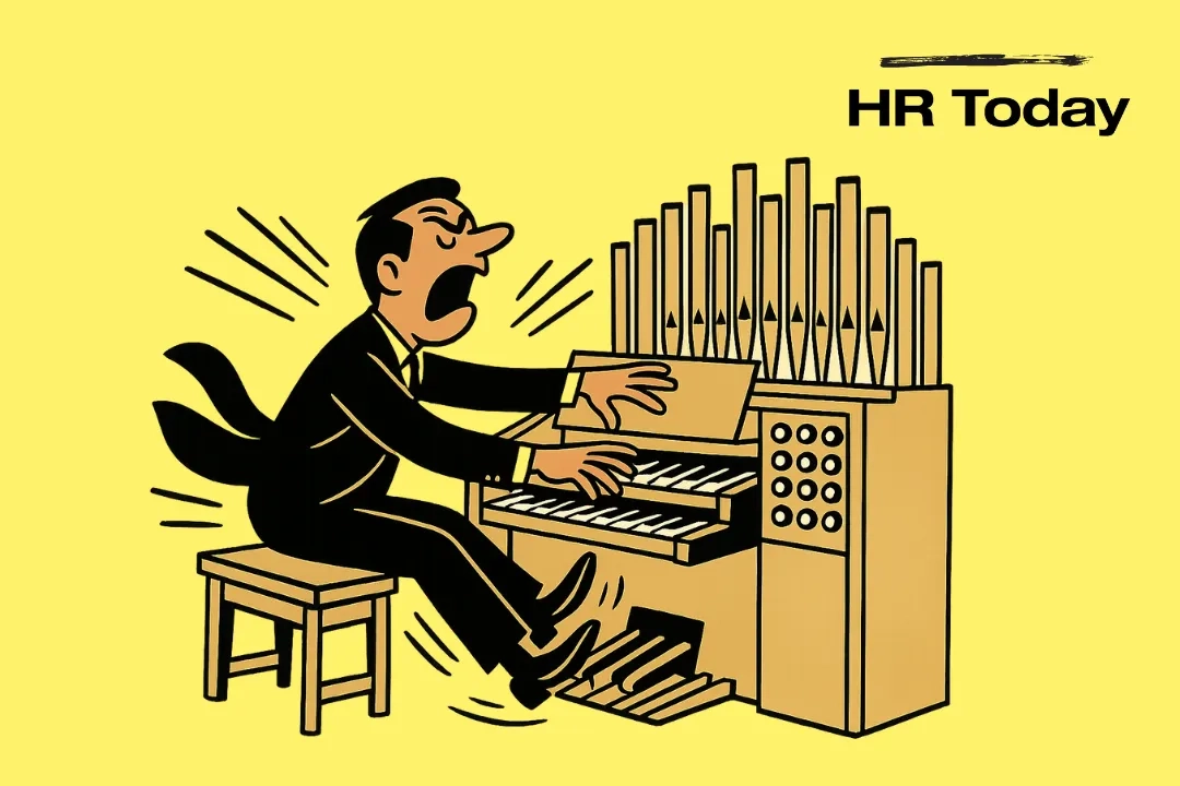 Chef spielt an einer Kirchenorgel wild und laut; Bewegungsstriche an Händen und Füssen, Pfeifenreihe im Hintergrund; flache Mid-Century-Optik, «HR Today»-Logo.