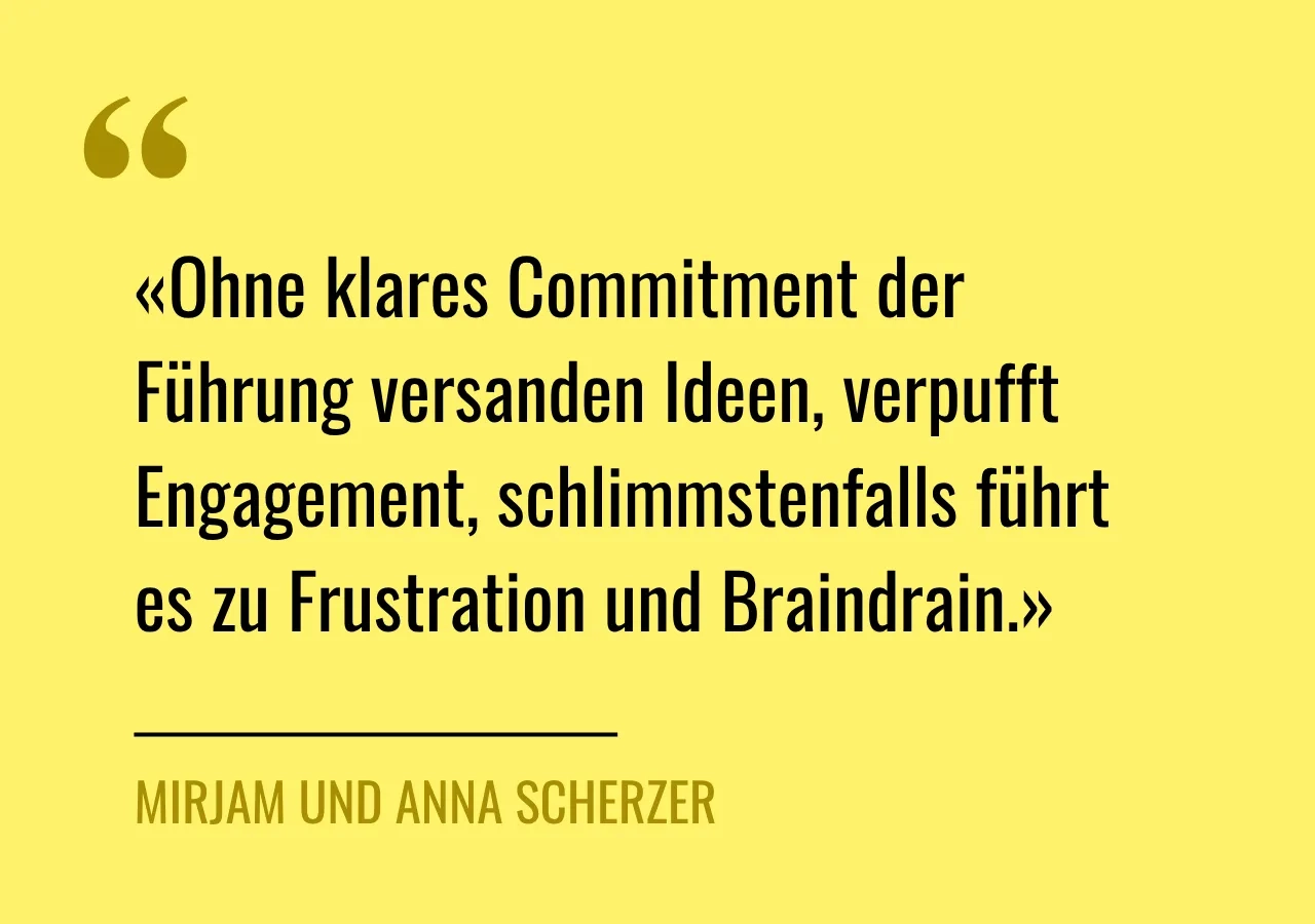 Zitat: «Ohne klares Commitment der Führung versanden Ideen, verpufft Engagement, schlimmstenfalls führt es zu Frustration und Braindrain.»