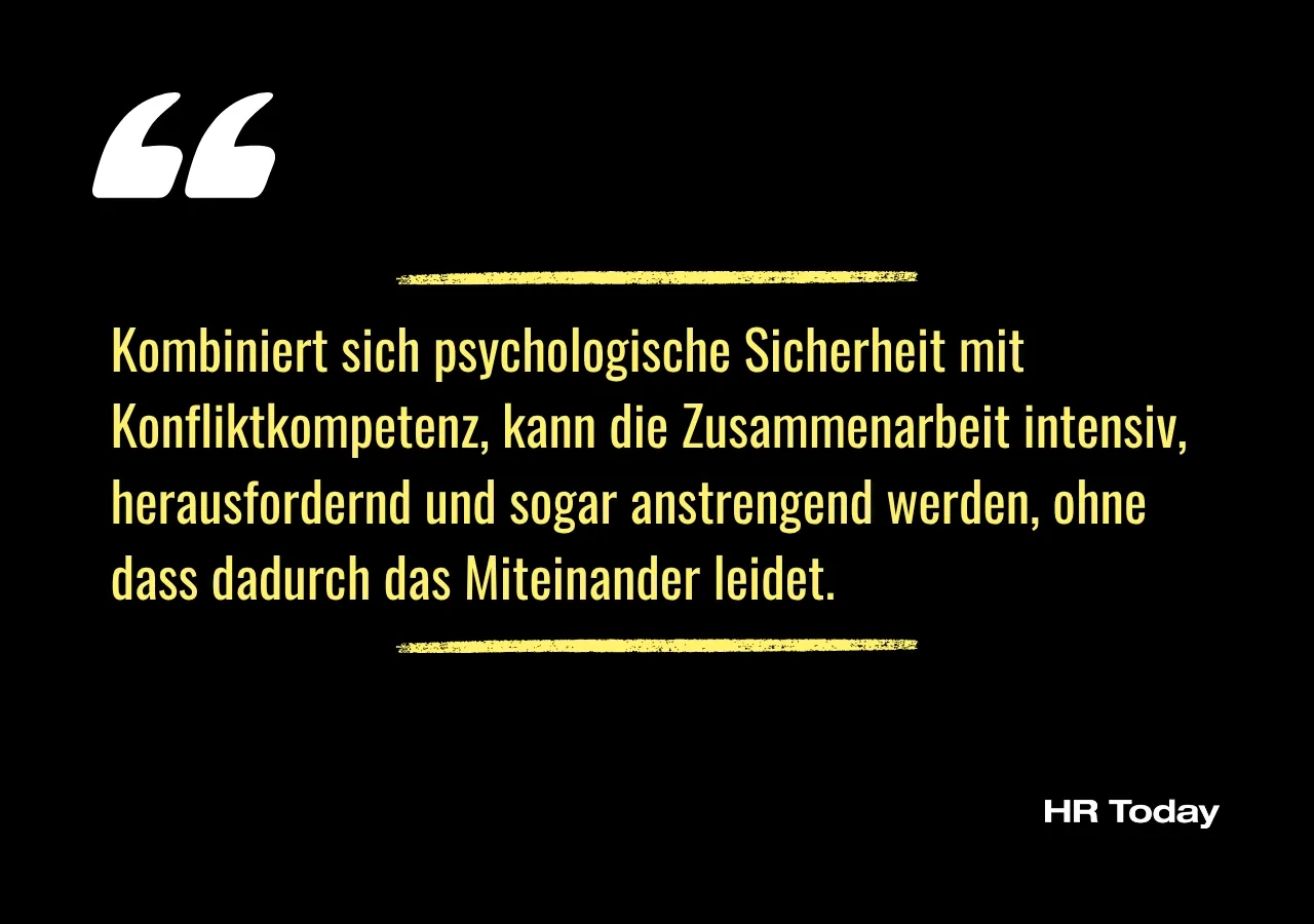 Artikelzitat: Kombiniert sich psychologische Sicherheit mit Konfliktkompetenz, kann die Zusammenarbeit intensiv, herausfordernd und sogar anstrengend werden, ohne dass dadurch das Miteinander leidet.