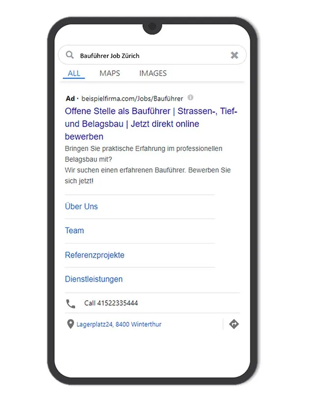Screenshot einer Googlesuche für offene Stellen als Bauführer