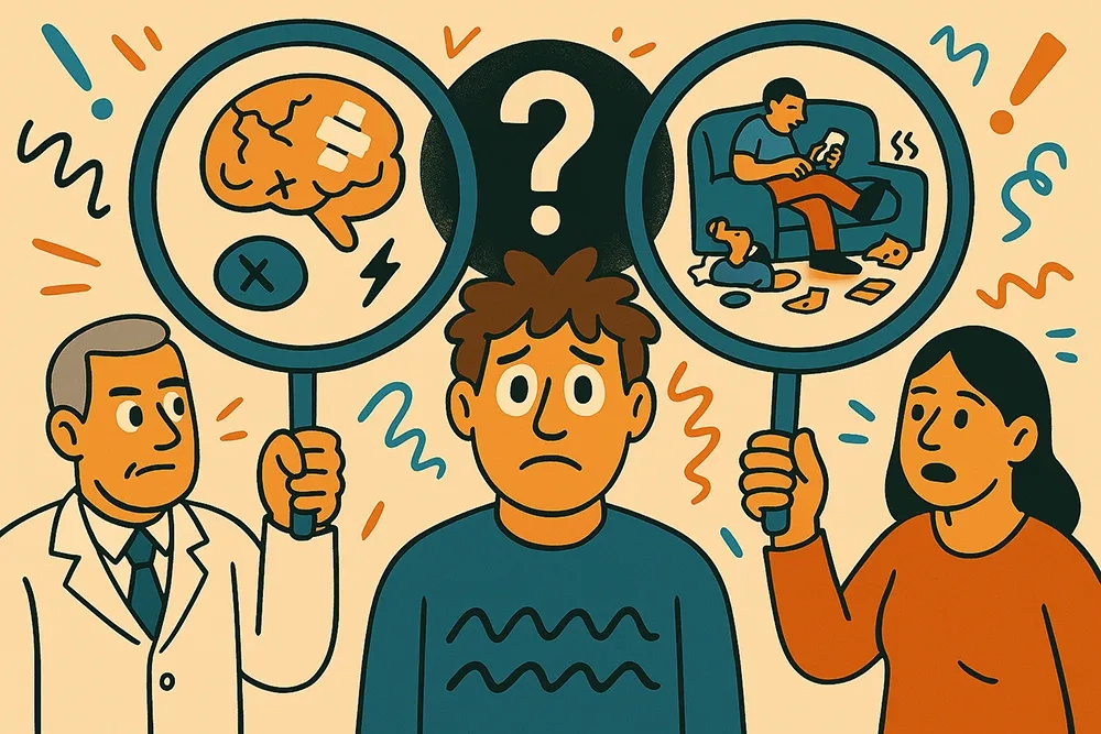 Comicartige Illustration im Querformat: In der Mitte steht eine Person mit braunen, zerzausten Haaren und neutral-besorgtem Gesichtsausdruck. Über dem Kopf überlappen sich zwei große Lupen wie ein Venn-Diagramm. Links hält ein Arzt in weißem Kittel eine Lupe, durch die ein beschädigtes Gehirn mit Pflastern und Symbolen für Fehlfunktion (z. B. Blitz, X-Zeichen) zu sehen ist – eine Darstellung der medizinisch-defizitorientierten Sichtweise auf ADHS. Rechts hält eine Frau in Alltagskleidung eine Lupe, in der ein faul wirkender Mensch auf einem Sofa gezeigt wird – umgeben von Müll, abgelenkt vom Handy – als Symbol der moralischen Abwertung (Faulheit, Desinteresse). Im überlappenden Bereich der Lupen ist ein schwarzer Kreis mit einem großen weißen Fragezeichen – dieser steht für die fehlende Perspektive der betroffenen Person selbst. Um die Figuren herum schweben bunte, chaotische Linien und Ausrufezeichen, die Unruhe und Interpretationsvielfalt unterstreichen. Der Stil ist comicartig, reduziert, leicht übertrieben und emotional zugespitzt.