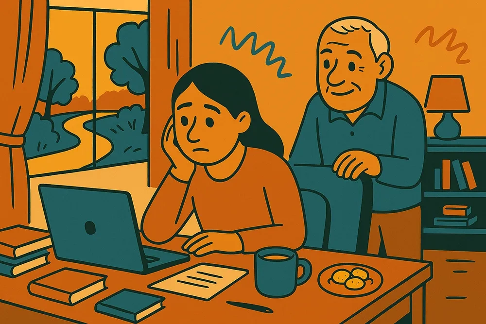 Flache, farbkräftige Illustration im mid-century-modern-Stil: Eine junge Frau sitzt nachdenklich am Schreibtisch mit Laptop, während ein älterer Mann lächelnd hinter ihr steht und sie beruhigend unterstützt.