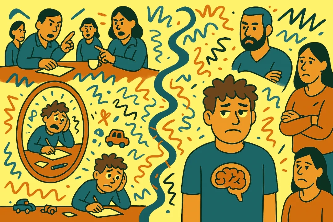 Illustration im flächigen Comic-Stil: Links sitzt ein Kind an einem Tisch, überfordert mit einer Aufgabe, umgeben von Chaos und Spielzeug. Ein Spiegel zeigt ihn verzerrt, zappelig und gestresst. Dahinter zeigen Erwachsene streng auf ihn. Rechts steht dieselbe Figur als Jugendlicher mit einem T-Shirt mit Gehirnsymbol, umgeben von skeptischen Erwachsenen. Bunte Linien verbinden beide Szenen, visualisieren den Looping-Effekt von ADHS.