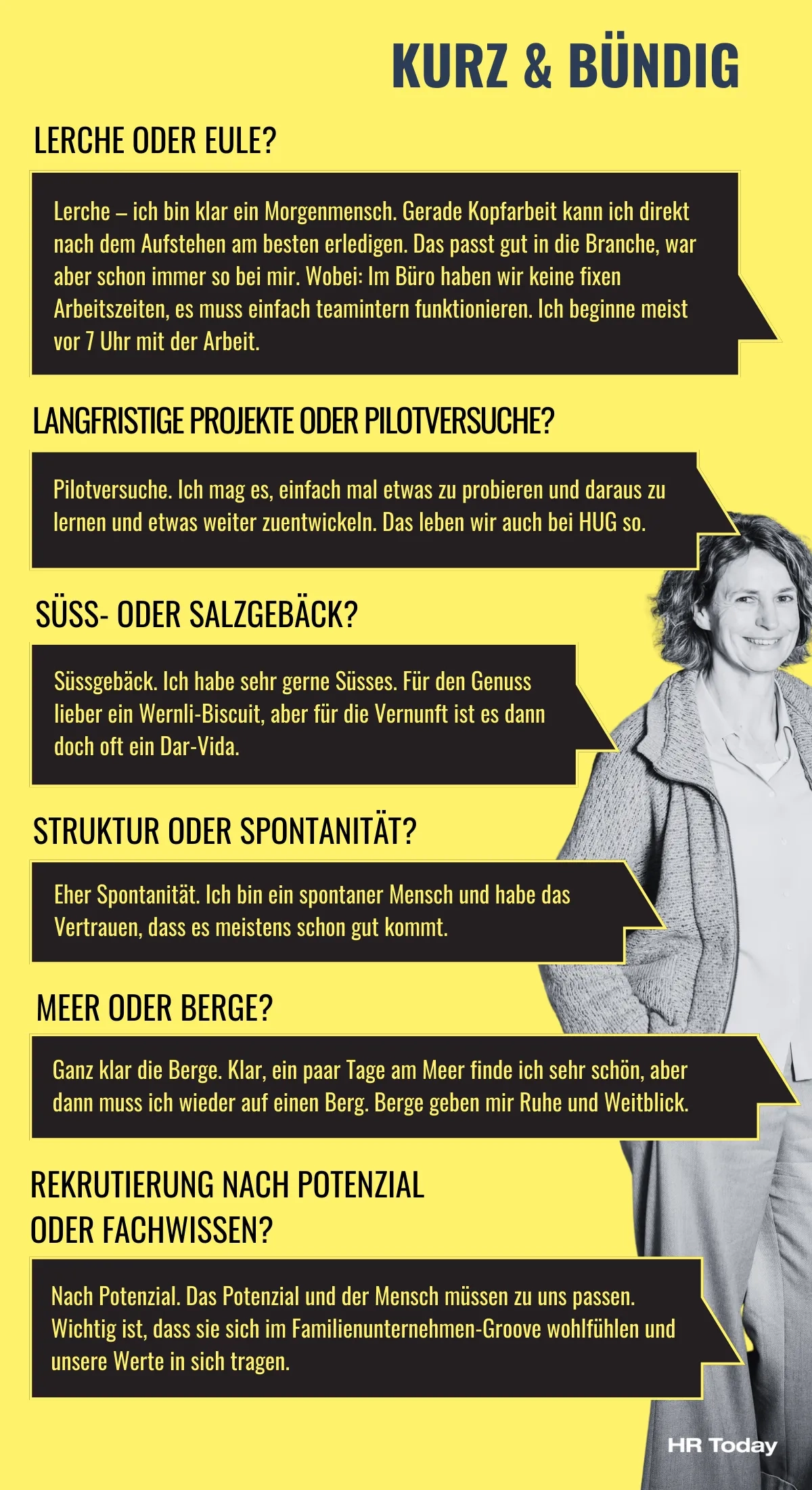Layout-Beschreibung: > Das Bild hat einen leuchtend gelben Hintergrund. Oben rechts steht der Titel "KURZ & BÜNDIG" in dunkelblauen Großbuchstaben. Auf der rechten Bildhälfte befindet sich ein Schwarz-Weiß-Foto einer lächelnden Frau mit schulterlangen, welligen Haaren, die eine Strickjacke, eine Bluse und eine Hose trägt. Ihre Hände sind in den Hosentaschen. Auf der linken Seite werden ihr sechs Fragen gestellt (in dunkler Schrift), die sie in Form von schwarzen Sprechblasen mit gelber Schrift beantwortet. Die Spitzen der Sprechblasen deuten auf die Frau. Unten rechts befindet sich das Logo von "HR Today". Transkription der Fragen und Antworten: LERCHE ODER EULE? Lerche – ich bin klar ein Morgenmensch. Gerade Kopfarbeit kann ich direkt nach dem Aufstehen am besten erledigen. Das passt gut in die Branche, war aber schon immer so bei mir. Wobei: Im Büro haben wir keine fixen Arbeitszeiten, es muss einfach teamintern funktionieren. Ich beginne meist vor 7 Uhr mit der Arbeit. LANGFRISTIGE PROJEKTE ODER PILOTVERSUCHE? Pilotversuche. Ich mag es, einfach mal etwas zu probieren und daraus zu lernen und etwas weiter zuentwickeln. Das leben wir auch bei HUG so. SÜSS- ODER SALZGEBÄCK? Süssgebäck. Ich habe sehr gerne Süsses. Für den Genuss lieber ein Wernli-Biscuit, aber für die Vernunft ist es dann doch oft ein Dar-Vida. STRUKTUR ODER SPONTANITÄT? Eher Spontanität. Ich bin ein spontaner Mensch und habe das Vertrauen, dass es meistens schon gut kommt. MEER ODER BERGE? Ganz klar die Berge. Klar, ein paar Tage am Meer finde ich sehr schön, aber dann muss ich wieder auf einen Berg. Berge geben mir Ruhe und Weitblick. REKRUTIERUNG NACH POTENZIAL ODER FACHWISSEN? Nach Potenzial. Das Potenzial und der Mensch müssen zu uns passen. Wichtig ist, dass sie sich im Familienunternehmen-Groove wohlfühlen und unsere Werte in sich tragen.