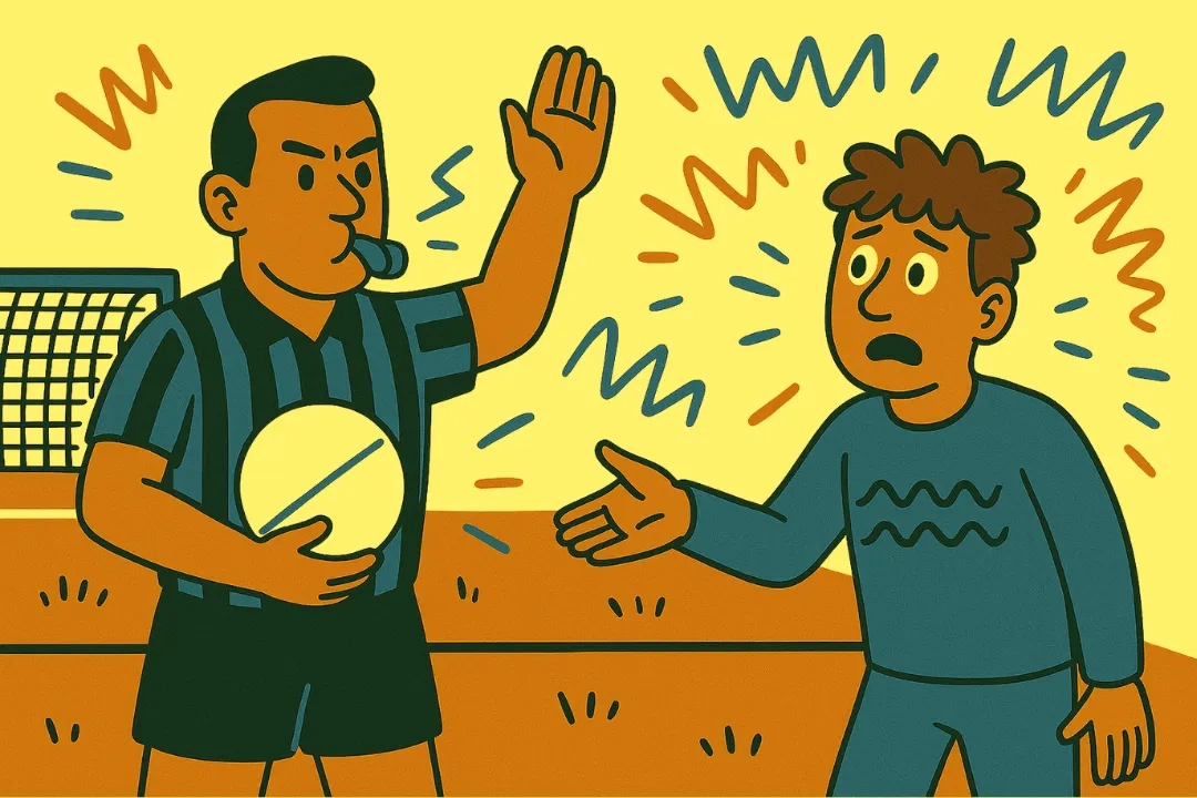 Ein Schiedsrichter hält eine weiße Pille mit Bruchlinie unterm Arm, pfeift und zeigt ein Foul an. Gegenüber steht eine frustrierte Person und fordert die Pille zurück. Um sie herum visualisieren Zickzacklinien Lärm und Stress.