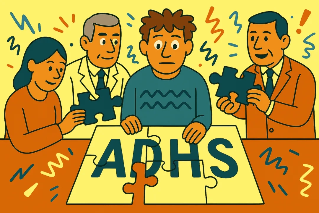 Vier Personen – eine Forscherin, ein Psychologe, ein Politiker und eine betroffene Person – setzen gemeinsam ein Puzzle mit der Aufschrift „ADHS“ zusammen; einige Teile fehlen noch.