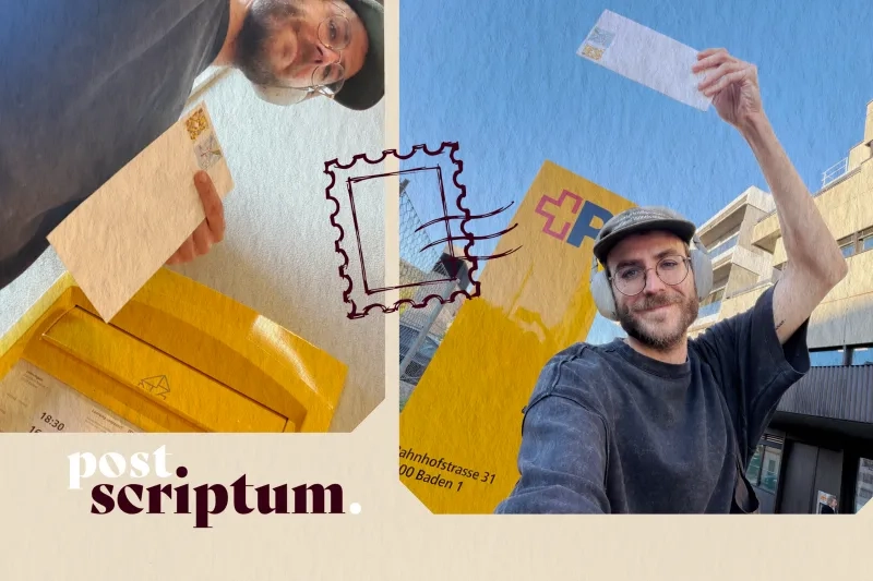 Zwei Fotos vom Briefeinwurf: Robin mit Brille und Mütze hält einen frankierten Umschlag über einen gelben Briefkasten der Post. Rechts hält er ihn lächelnd in die Höhe, vor einer Post-Stele in Baden. In der Mitte eine gezeichnete Briefmarke.
