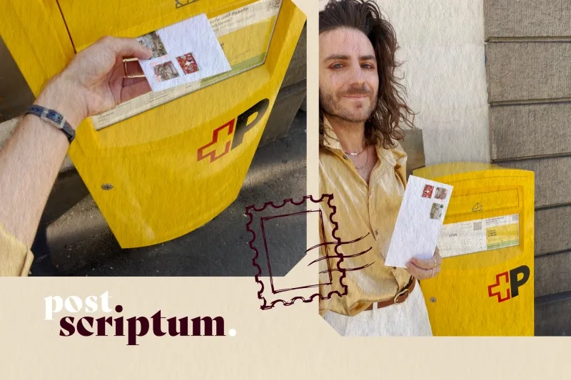 Collage des Projekts "post. scriptum". Neben der Ansicht eines handgeschriebenen Briefes sieht man einen Mann mit langen Haaren beim Schreiben an einem Holztisch sowie eine detaillierte Nahaufnahme seiner Unterschrift "Robin".