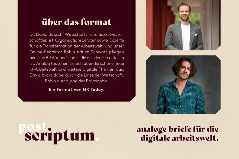 Infografik des Projekts "post. scriptum". Ein roter Textkasten erklärt das Format der analogen Brieffreundschaft zwischen dem Organisationsberater Dr. David Bausch und dem Redaktor Robin Adrien Schwarz über die digitale Arbeitswelt. Daneben sind die Porträtfotos der beiden Männer abgebildet.
