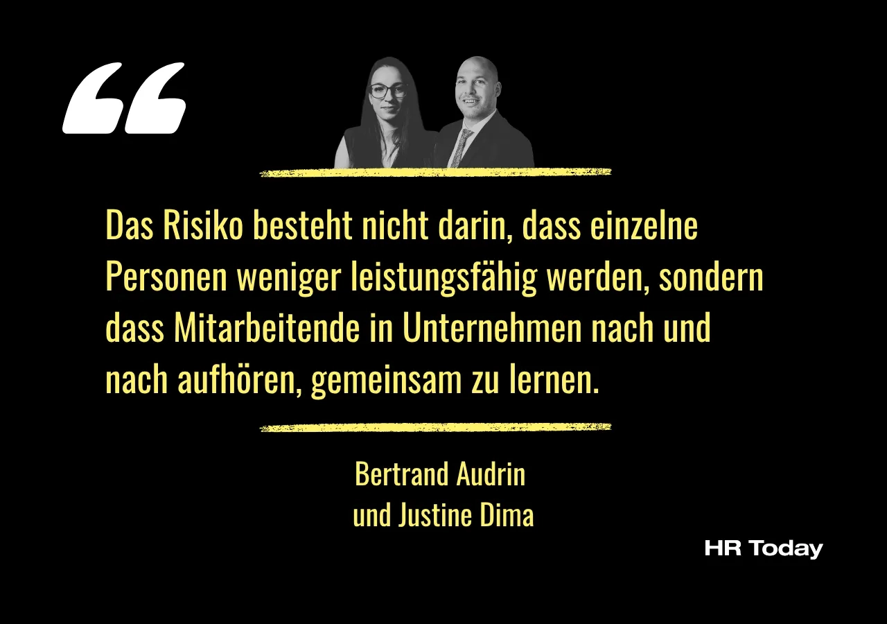Zitatgrafik: Das Risiko besteht nicht darin, dass einzelne Personen weniger leistungsfähig werden, sondern dass Mitarbeitende in Unternehmen nach und nach aufhören, gemeinsam zu lernen.