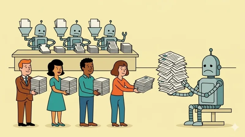 Illustration einer Schlange von vier Personen, die jeweils große Stapel Papier tragen und diese an einen traurig aussehenden, sitzenden Roboter übergeben. Im Hintergrund sitzen vier weitere traurige Roboter an einem Schreibtisch und verarbeiten ebenfalls große Papierstapel.