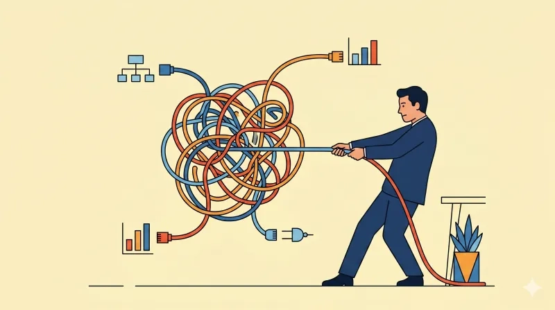 Illustration eines Mannes in einem blauen Anzug, der mit großer Anstrengung an einem dicken Kabel zieht. Das Kabel führt in einen riesigen, chaotischen Knoten aus vielen bunten Drähten und Kabeln, an deren Enden teilweise Stecker, Netzwerkanschlüsse und kleine Balkendiagramme zu sehen sind.