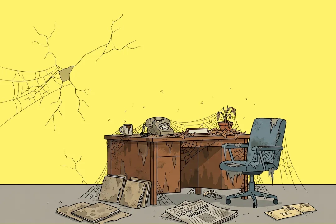 Düstere Cartoon-Illustration auf gelbem Hintergrund: Ein verlassener, verrotteter Büroschreibtisch mit einem verstaubten Telefon, einer verwelkten Pflanze, Spinnweben und zerstreuten Akten auf dem Boden; auf einer Zeitung am Boden ist die Schlagzeile «Factory Closure Announced» zu lesen — symbolisches Bild für einen unbesetzten Arbeitsplatz oder wirtschaftlichen Niedergang.