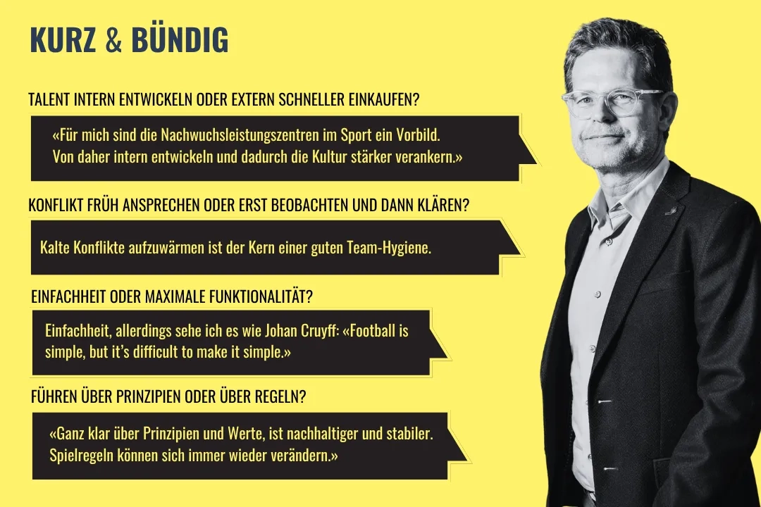 Grafik «Kurz & Bündig» mit Thomas Biegel, schwarzweisses Porträtfoto auf gelbem Hintergrund. Vier Frage-Antwort-Paare: 1. Talent intern entwickeln oder extern schneller einkaufen? – «Für mich sind die Nachwuchsleistungszentren im Sport ein Vorbild. Von daher intern entwickeln und dadurch die Kultur stärker verankern.» 2. Konflikt früh ansprechen oder erst beobachten und dann klären? – Kalte Konflikte aufzuwärmen ist der Kern einer guten Team-Hygiene. 3. Einfachheit oder maximale Funktionalität? – Einfachheit, allerdings sehe ich es wie Johan Cruyff: «Football is simple, but it's difficult to make it simple.» 4. Führen über Prinzipien oder über Regeln? – «Ganz klar über Prinzipien und Werte, ist nachhaltiger und stabiler. Spielregeln können sich immer wieder verändern.»