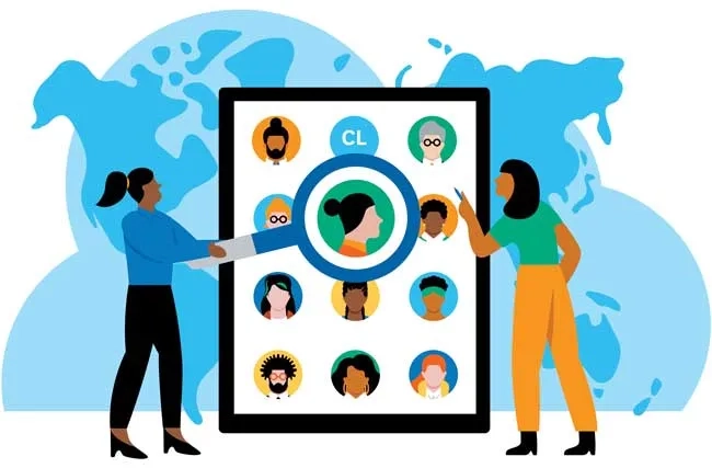 Illustration zweier Frauen, die mit Lupe eine Weltkugel inspizieren