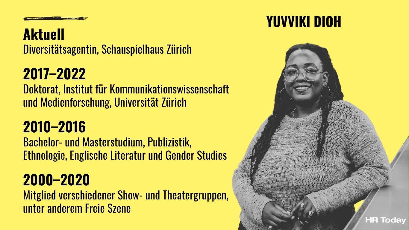 Das Bild zeigt Yuvviki Dioh, die sich rechts an einen Tresen lehnt. Sie hat lange Haare, trägt Brille, grosse runde Ohrringe und einen Strickpulli. Links Angaben zu ihrer Vita: Aktuell Diversitätsagentin, Schauspielhaus Zürich 2017–2022 Doktorat, Institut für Kommunikationswissenschaft und Medienforschung, Universität Zürich 2010–2016 Bachelor- und Masterstudium, Publizistik, Ethnologie, Englische Literatur und Gender Studies 2000–2020 Mitglied verschiedener Show- und Theatergruppen, unter anderem Freie Szene